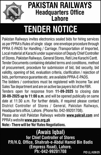 Pakistan Railways Lahore Tender Notice